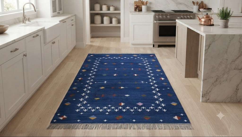 Handwoven Kilim Area Rug Wool & Jute Flatweave Indoor/Outdoor Rug for Living Room, Bedroom, Dining, High-Traffic Areas, Lake House Decor rug- Blue-Rectangle