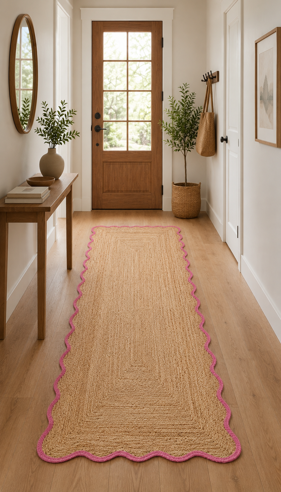 Natural Handwoven Jute Area Rug Scalloped Pink Border Farmhouse Boho Rug for Living Room, Bedroom & Entryway Rustic Indoor Floor Mat