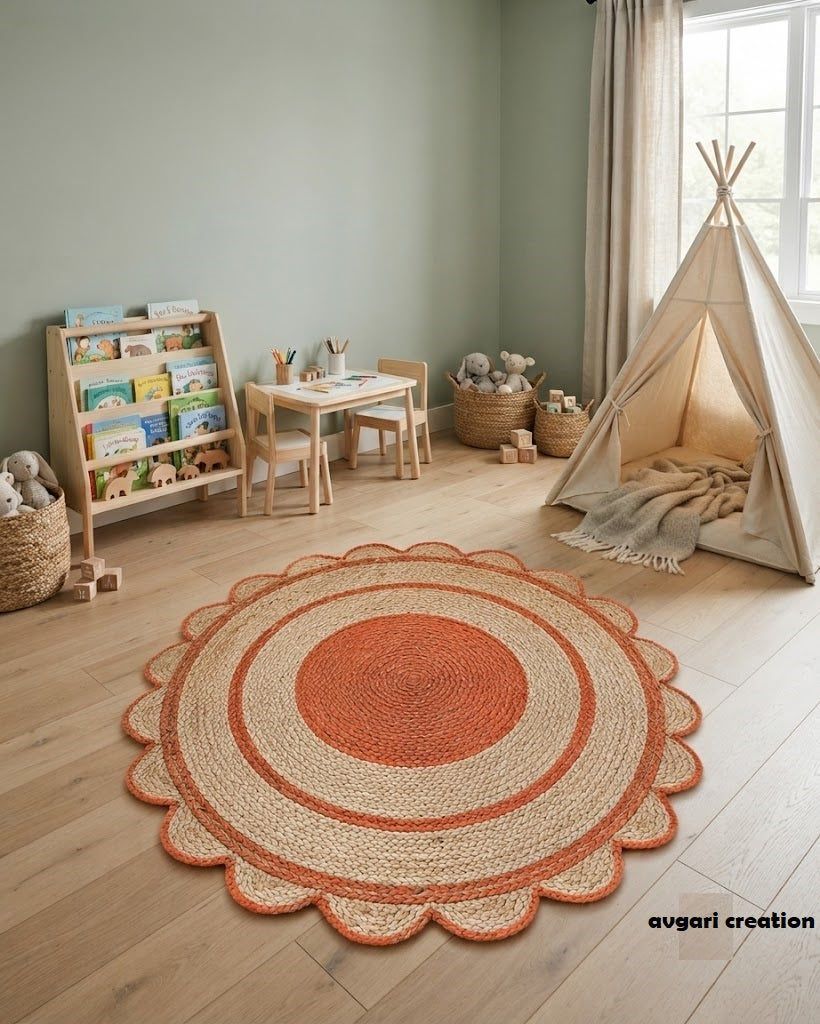 Round Shape Area Rug 100% Hand Braided Rustic Look Carpet for Home Decor Farmhouse Boho Scallop Rugs (Orange Border)