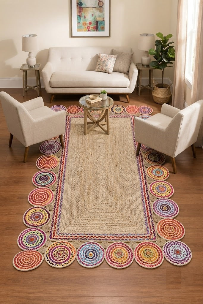 Rectangle Cotton Jute Area Rug Hand Woven Braided Sisal Rug Home Decor Farmhouse Carpet Rag Rug for Kitchen Living Room and Bedroom-Multicolor