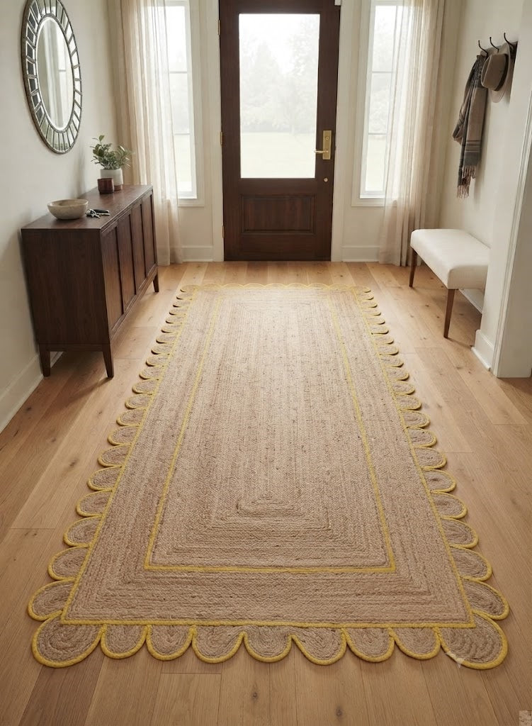 Handwoven Jute Area Rug Natural Farmhouse Boho Rug for Living Room, Bedroom & Entryway Rustic Indoor Floor Scallop Carpet (Yellow Border)