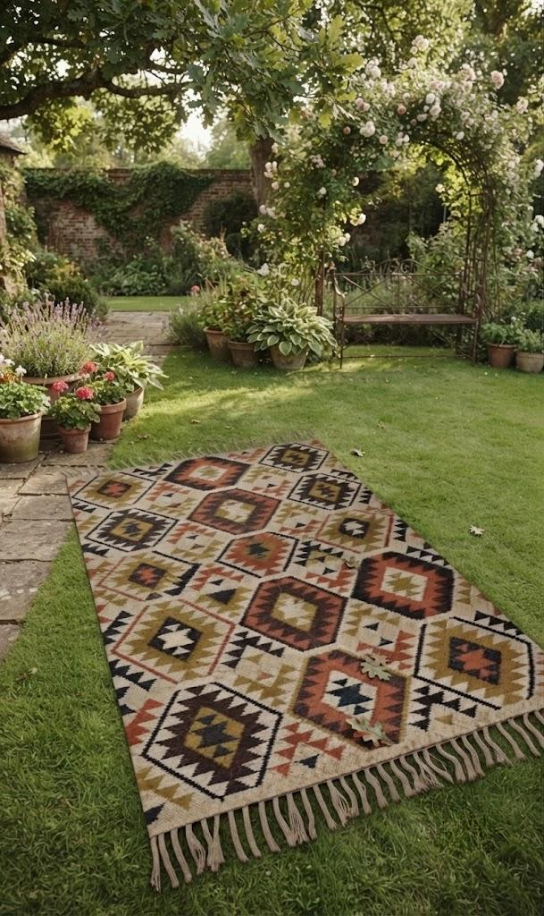 Handmade Wool Jute Kilim Rug – Bohemian Carpet, Natural Fiber Traditional Flatweave Rug for Living Room & Bedroom Recantale Carpet