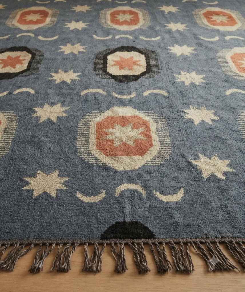 Area Rug Kilim Rug Hand made Wool & Braided Jute Rug Flatweave Rug High Traffic Area Lake House Bedroom Dining Room Living Room Indoor & Outdoor Rug-Blue