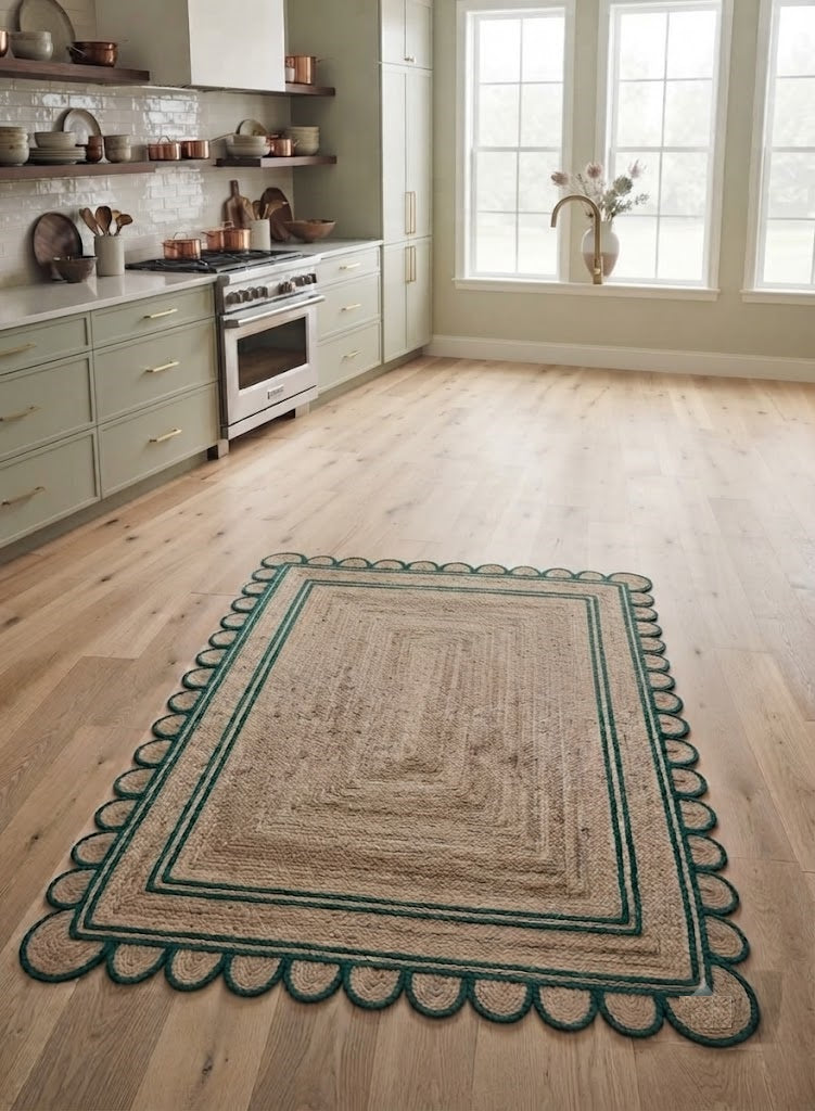 Handwoven Jute Area Rug Natural Farmhouse Boho Rug for Living Room, Bedroom & Entryway Rustic Indoor Floor Scallop Carpet (Green Border)