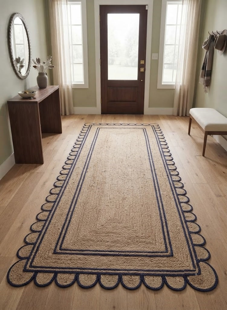 Handwoven Jute Area Rug Natural Farmhouse Boho Rug for Living Room, Bedroom & Entryway Rustic Indoor Floor Scallop Carpet (Blue Border)