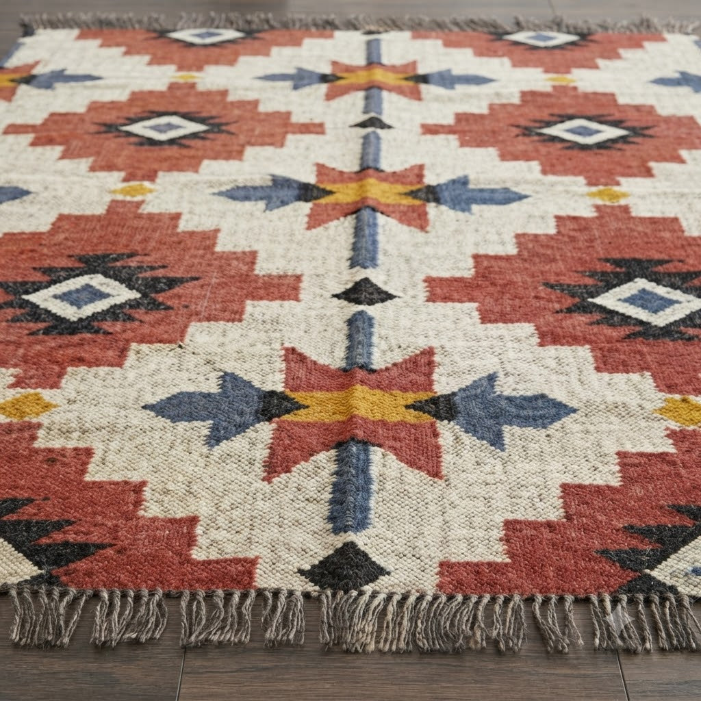 Rectangle Kilim Area Rug – Handwoven Wool & Jute Flatweave – Indoor/Outdoor Rug for Living Room, Bedroom, Dining, High-Traffic Areas, Lake House Decor- Beige & Red