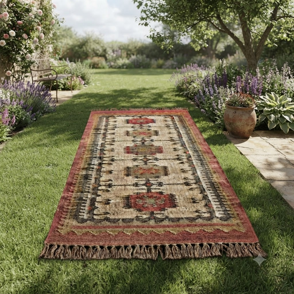 Rectangle Kilim Wool Jute Rug - Durable Handmade  Rustic Look Farmhouse Boho Area Carpet-MultiColor