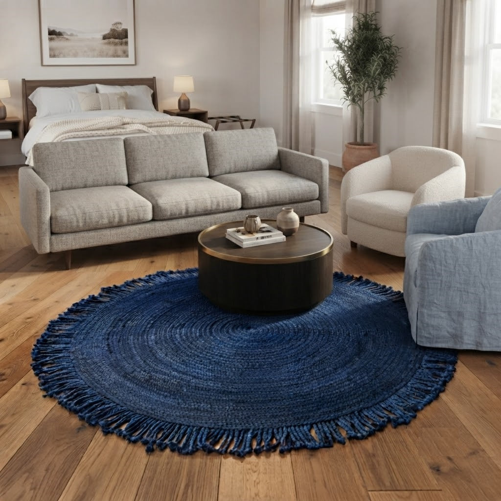 Round Shape Area Rug 100% Hand Braided Rustic Look Carpet for Home Decor Farmhouse Boho Rugs Mats With Fringes (Blue)