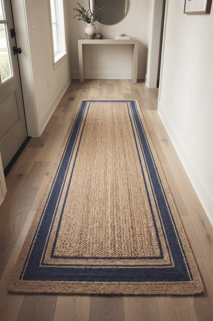 Natural Handwoven Jute Area Rug Natural Farmhouse Boho Rug for Living Room, Bedroom & Entryway Rustic Indoor Floor Mat-Blue Border