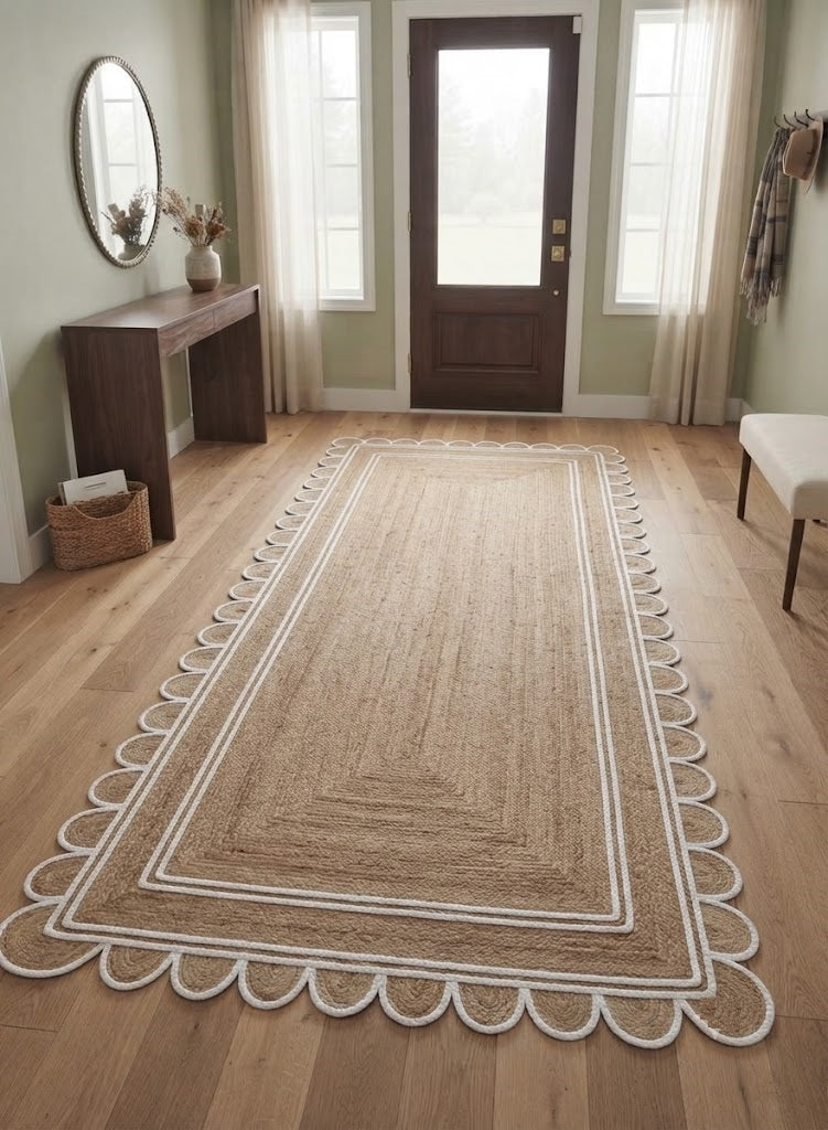 Handwoven Jute Area Rug Natural Farmhouse Boho Rug for Living Room, Bedroom & Entryway Rustic Indoor Floor Scallop Carpet (White Border)