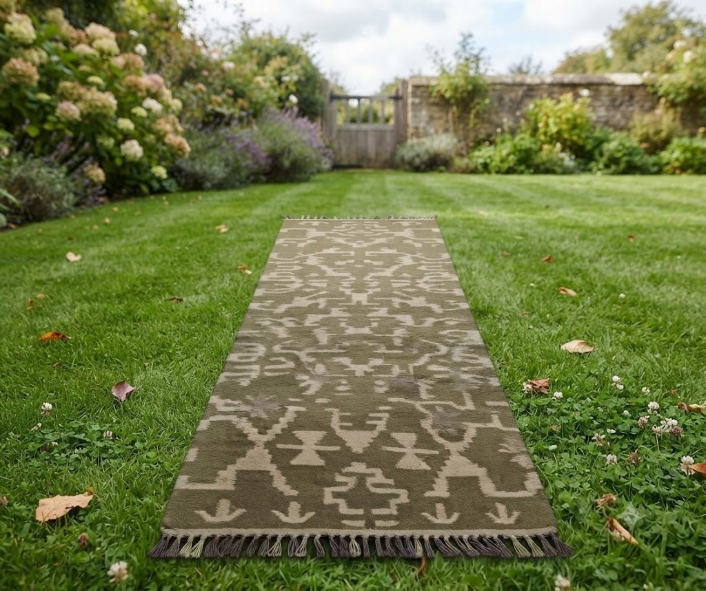 Rectangle Kilim Wool Jute Rug - Durable Handmade  Rustic Look Farmhouse Boho Area Carpet-Green & Beige