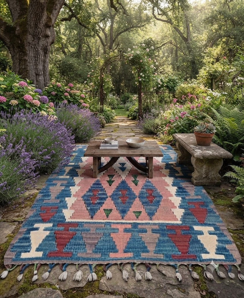 Kilim Wool Jute Rug - Handmade Durable Rustic Look Rectangle Area Carpet Carpets Multicolor