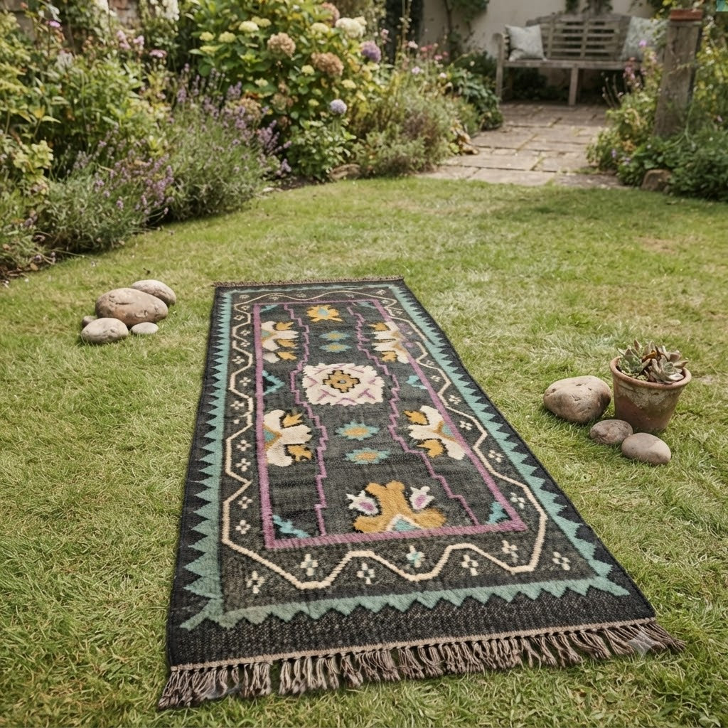 Rectangle Kilim Wool Jute Rug - Durable Handmade  Rustic Look Farmhouse Boho Area Carpet-Black