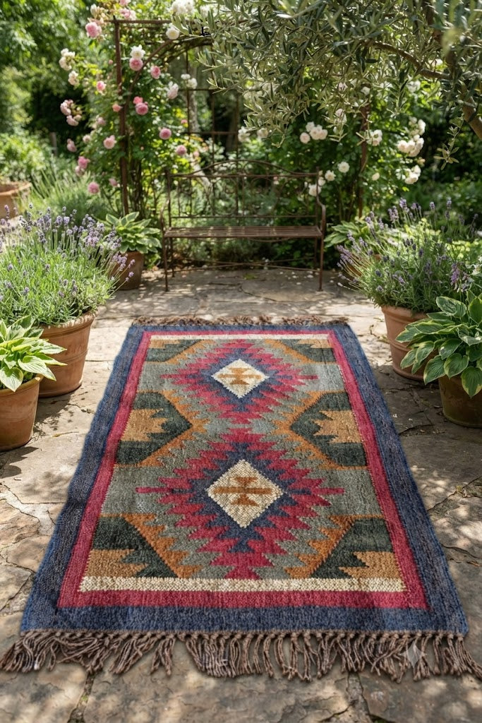 Rectangle Kilim Wool Jute Vintage Rug – Durable Handcrafted Area Rug for Modern Home Décor, Hallway, Bedroom