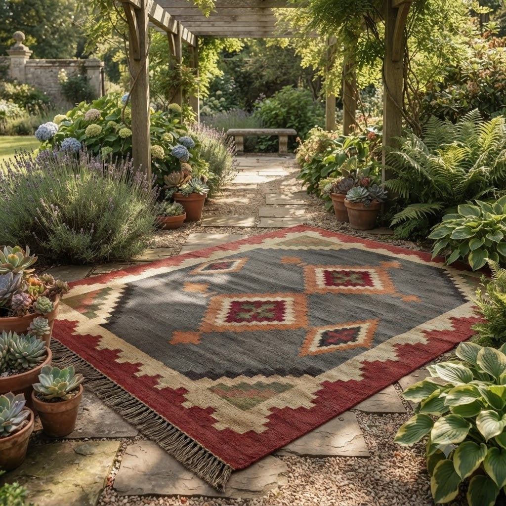 Handmade Rectangle Carpet Elegant Wool Jute Rug -Rustic Look Hand Woven Kilim Rug for Living Room, Hallway, Bedroom -Multicolor