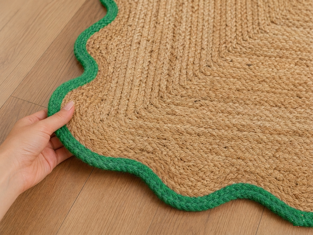 Avgari Creation Natural Handwoven Jute Area Rug Scalloped Green Border Farmhouse Boho Rug for Living Room, Bedroom & Entryway Rustic Indoor Floor Mat