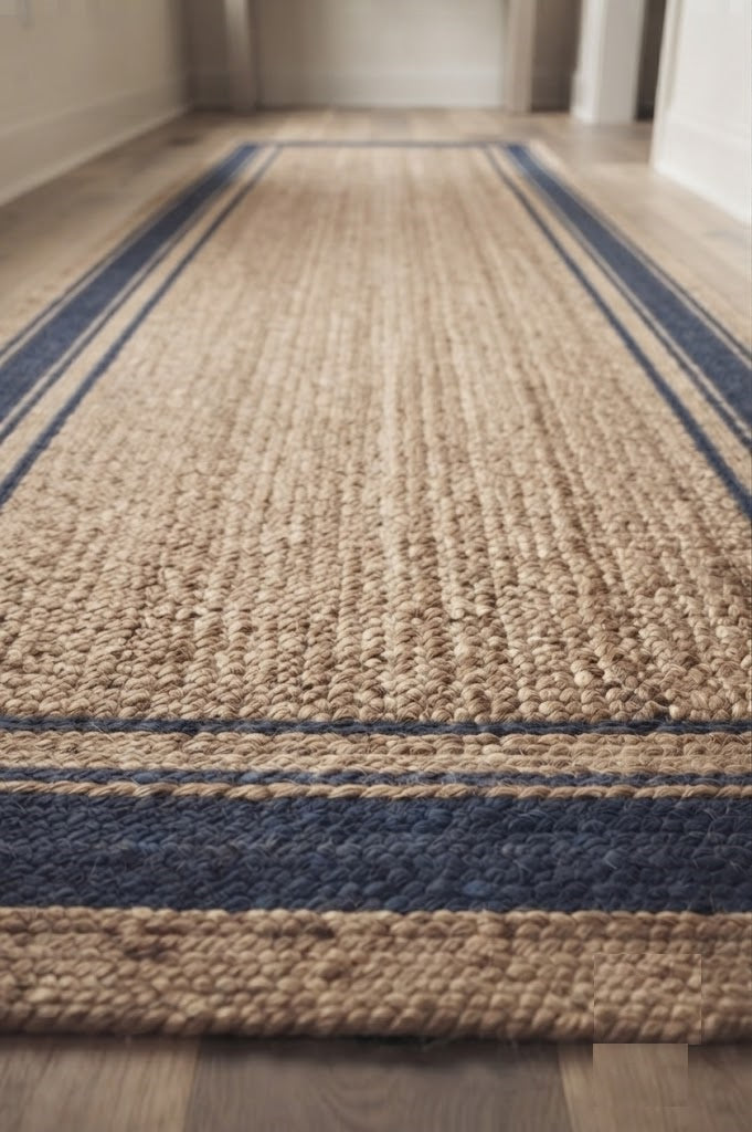 Natural Handwoven Jute Area Rug Natural Farmhouse Boho Rug for Living Room, Bedroom & Entryway Rustic Indoor Floor Mat-Blue Border