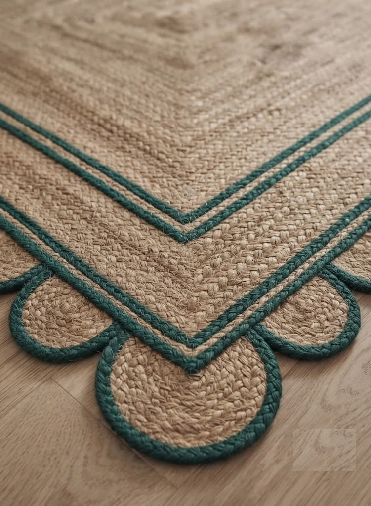 Handwoven Jute Area Rug Natural Farmhouse Boho Rug for Living Room, Bedroom & Entryway Rustic Indoor Floor Scallop Carpet (Green Border)