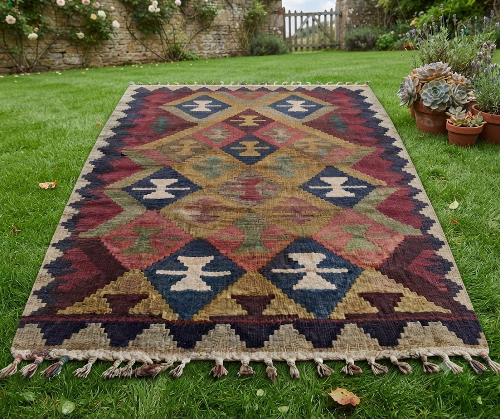 Kilim Wool Jute Rug - Durable Handmade  Rustic Look Rectangle Farmhouse Boho Area Carpet-Multicolor