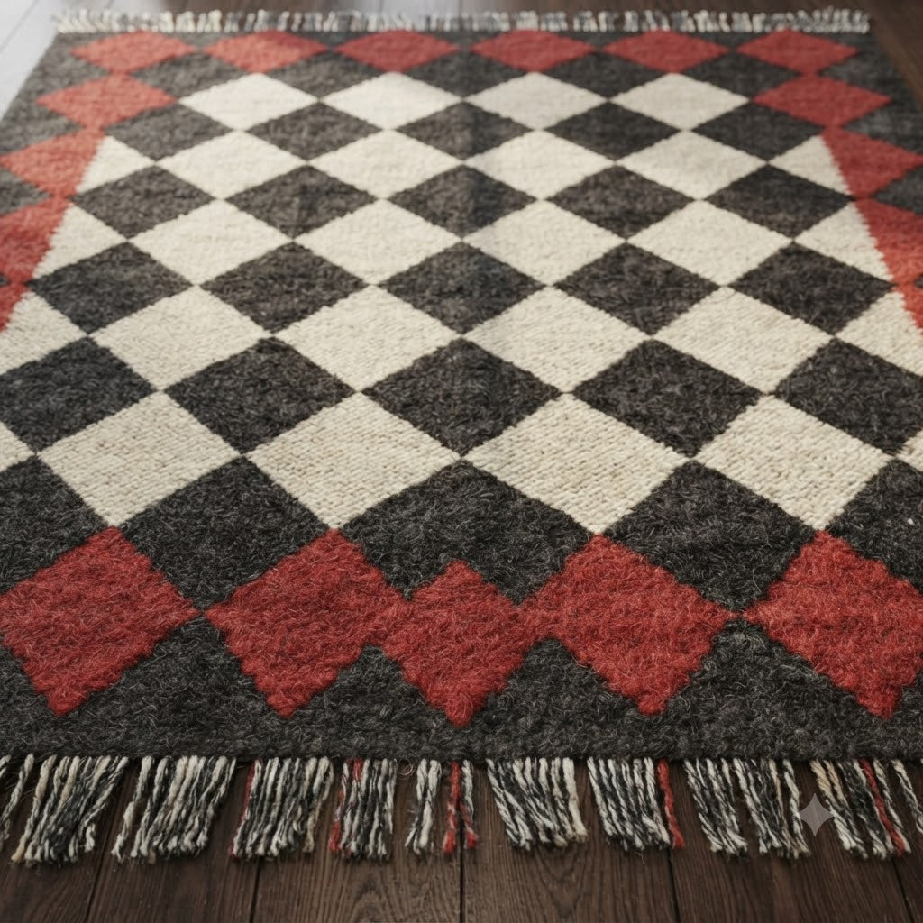 Rectangle Kilim Area Rug – Handwoven Wool & Jute Flatweave – Indoor/Outdoor Rug for Living Room, Bedroom, Dining, High-Traffic Areas, Lake House Decor- Black & Red
