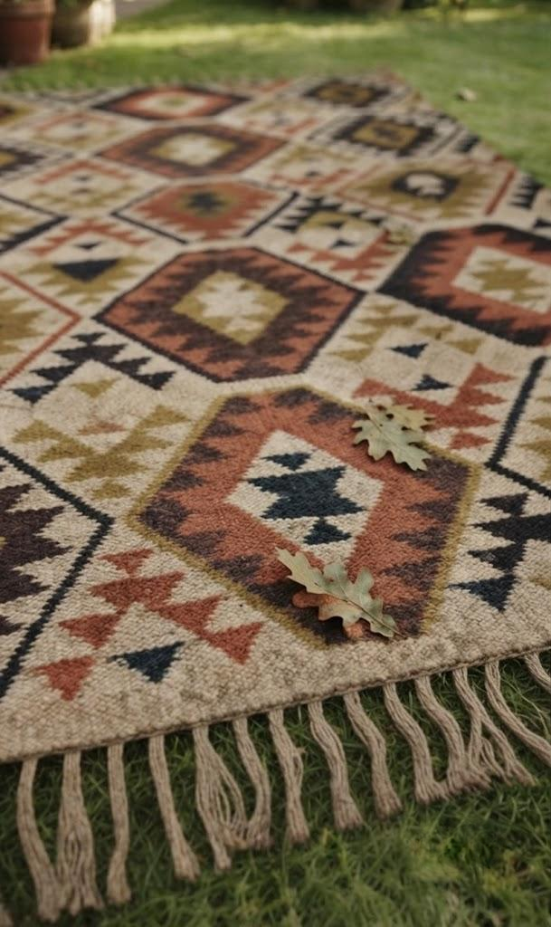 Handmade Wool Jute Kilim Rug – Bohemian Carpet, Natural Fiber Traditional Flatweave Rug for Living Room & Bedroom Recantale Carpet