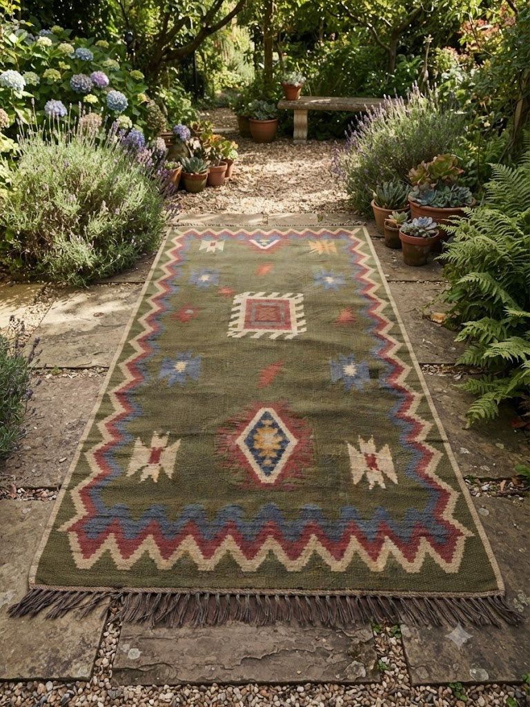 Handmade Carpet Rectangle Elegant Wool Jute Rug -Rustic Look Hand Woven Kilim Rug for Living Room, Hallway, Bedroom - Green