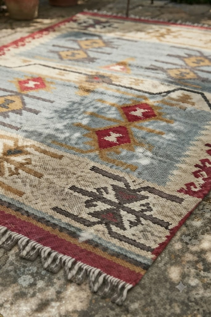 Handmade Kilim Wool Jute Rug - Durable Rustic Look Rectangle Area Carpet Orange Multicolor