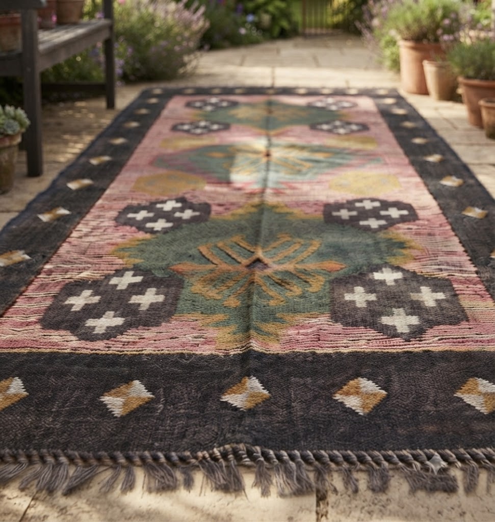 Handmade Kilim Wool Jute Rug - Durable Rustic Look Rectangle Area Carpet Black