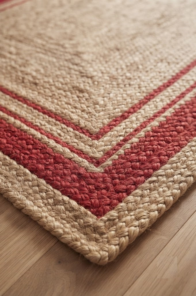Natural Handwoven Jute Area Rug Natural Farmhouse Boho Rug for Living Room, Bedroom & Entryway Rustic Indoor Floor Mat-Red Border