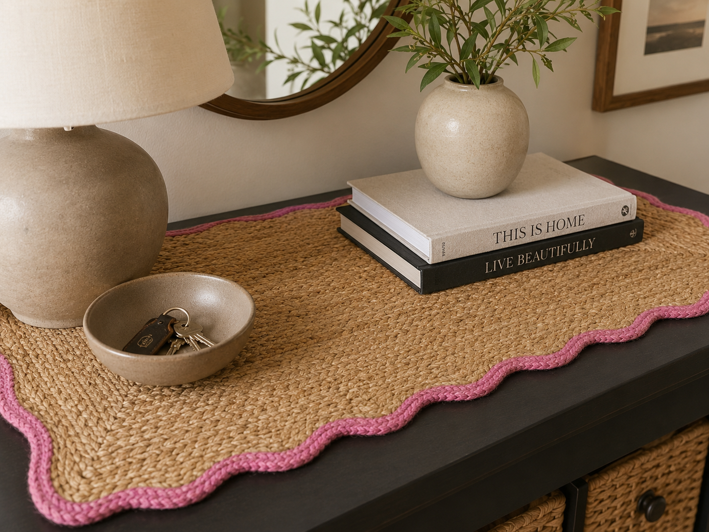 Natural Handwoven Jute Area Rug Scalloped Pink Border Farmhouse Boho Rug for Living Room, Bedroom & Entryway Rustic Indoor Floor Mat