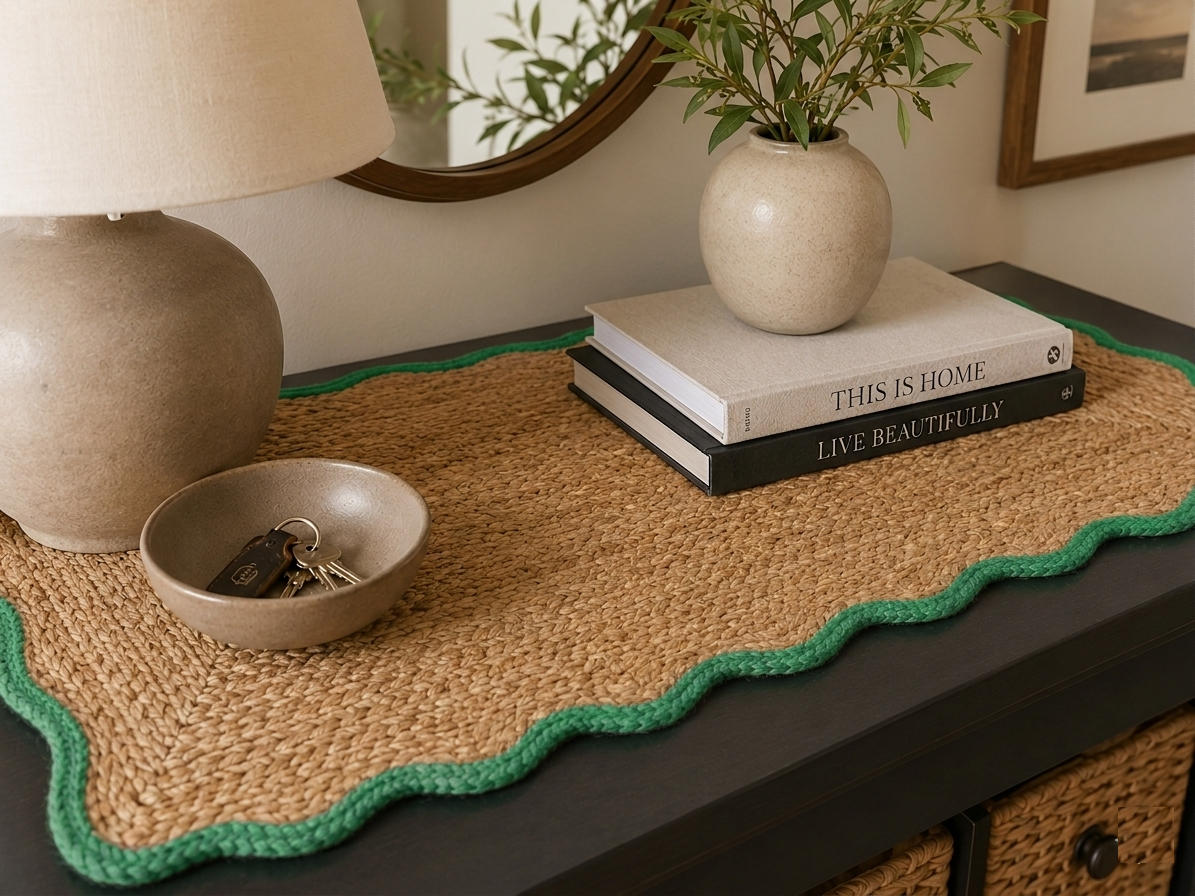 Avgari Creation Natural Handwoven Jute Area Rug Scalloped Green Border Farmhouse Boho Rug for Living Room, Bedroom & Entryway Rustic Indoor Floor Mat
