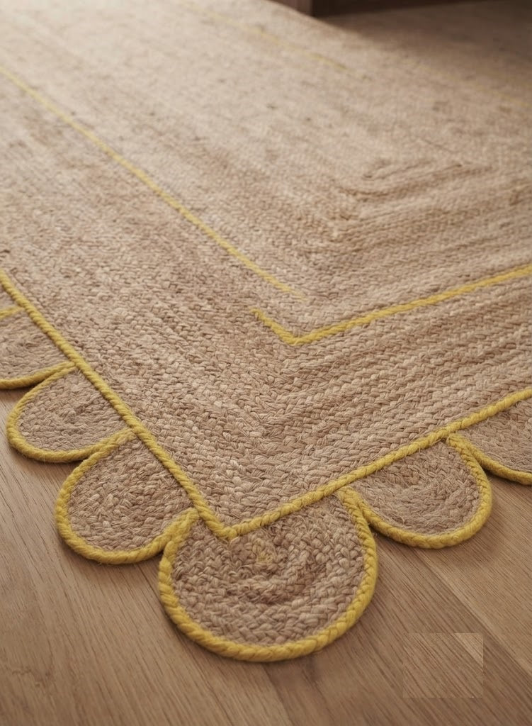 Handwoven Jute Area Rug Natural Farmhouse Boho Rug for Living Room, Bedroom & Entryway Rustic Indoor Floor Scallop Carpet (Yellow Border)