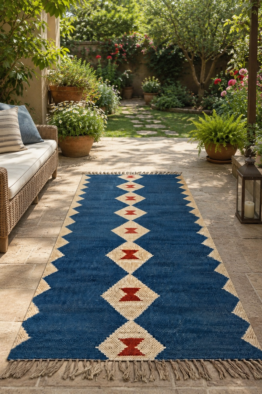 Rectangle Kilim Wool Jute Rug - Durable Handmade  Rustic Look Farmhouse Boho Area Carpet-Blue & Beige