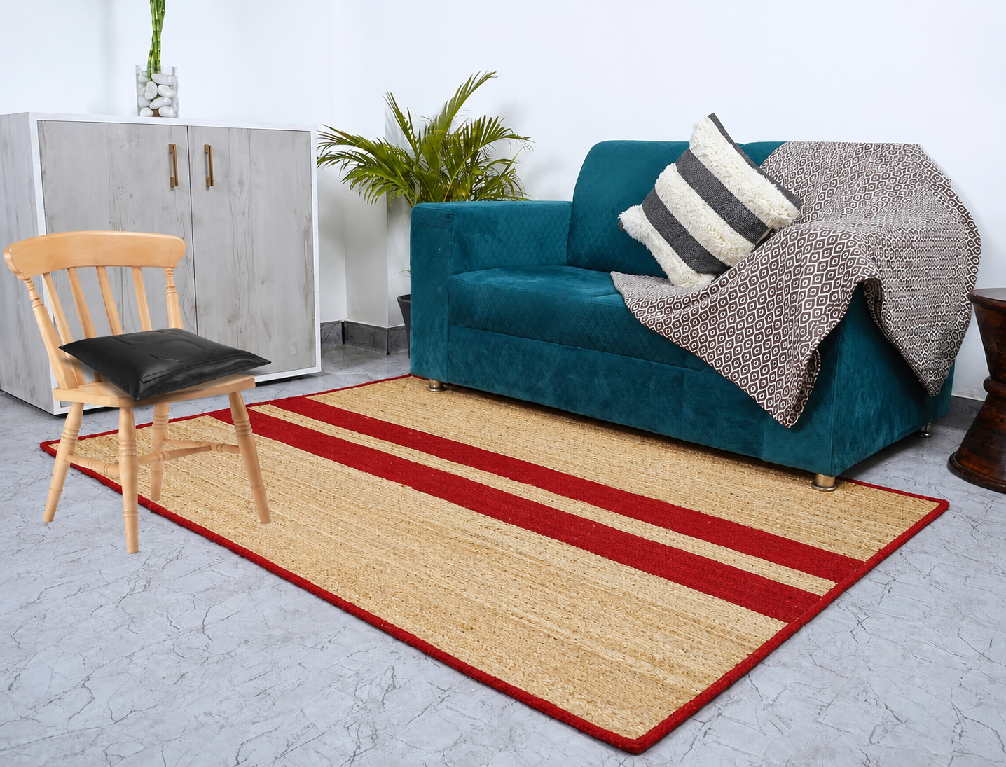 Natural Jute Area Rug Hand Woven Braided Rug Home Decor Farmhouse Carpet Rag Rug for Kitchen Living Room and Bedroom - Rectangle (Beige & Red)