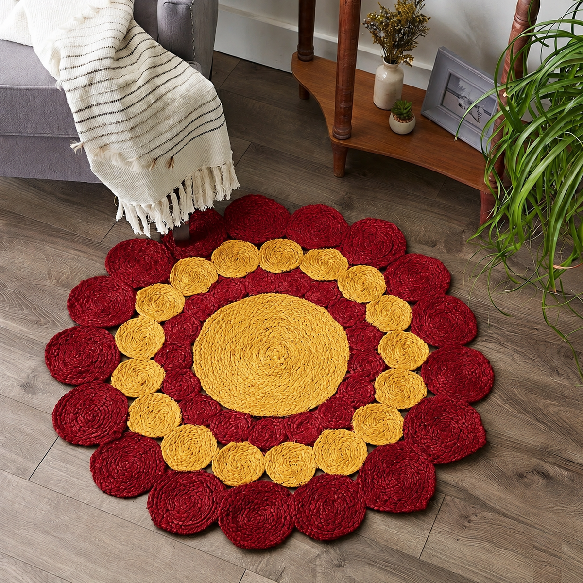 Jute Rug Round Shape Area Rug 100% Hand Braided Rustic Look Area Rug for Home Decor Farmhouse Boho Carpet Mats ( Designer Red & Yellow)