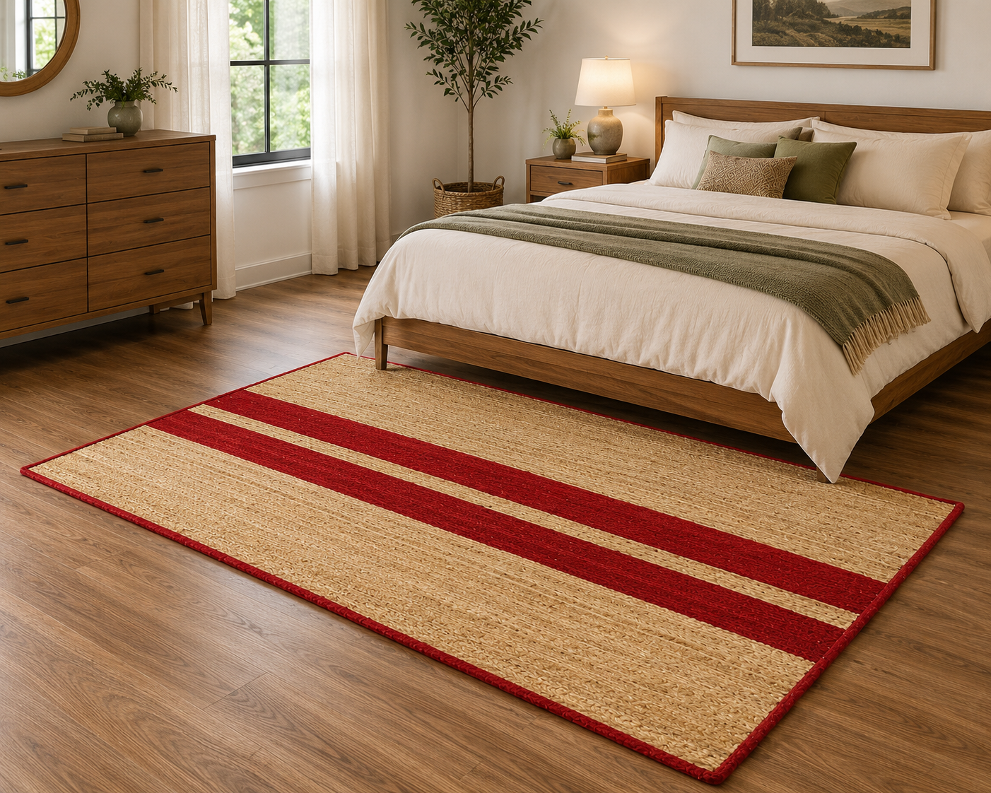 Natural Jute Area Rug Hand Woven Braided Rug Home Decor Farmhouse Carpet Rag Rug for Kitchen Living Room and Bedroom - Rectangle (Beige & Red)