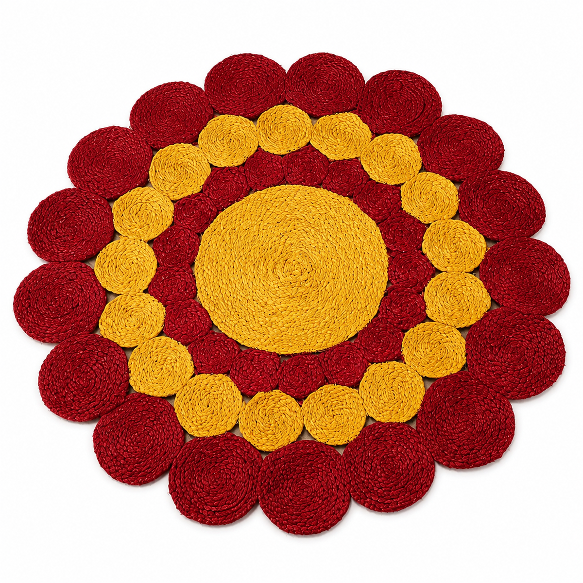 Jute Rug Round Shape Area Rug 100% Hand Braided Rustic Look Area Rug for Home Decor Farmhouse Boho Carpet Mats ( Designer Red & Yellow)