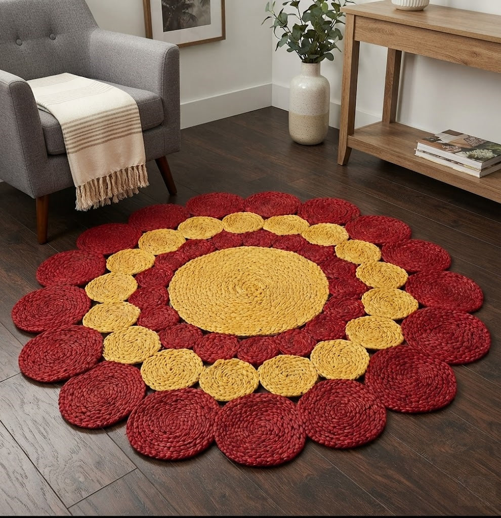 Jute Rug Round Shape Area Rug 100% Hand Braided Rustic Look Area Rug for Home Decor Farmhouse Boho Carpet Mats ( Designer Red & Yellow)