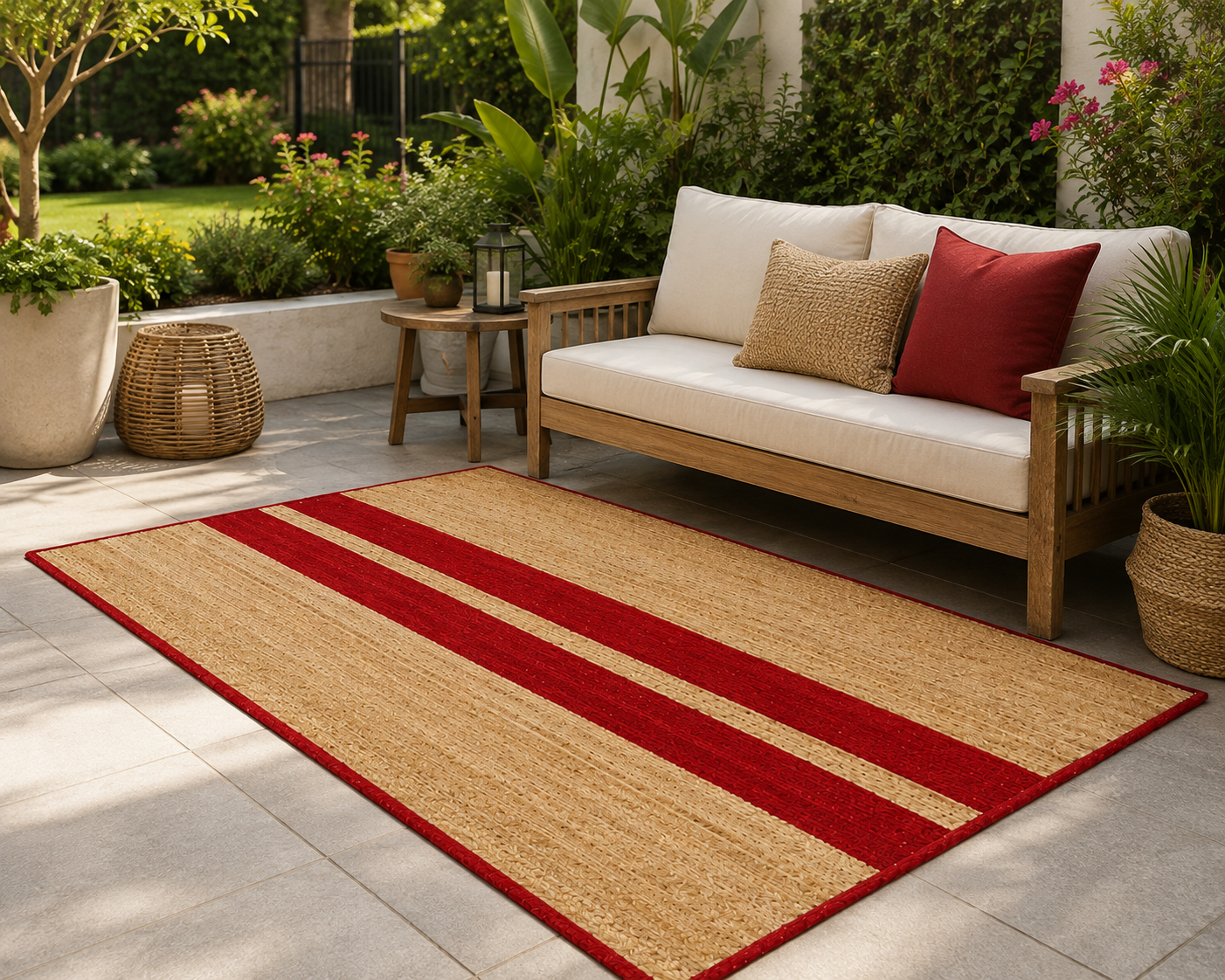 Natural Jute Area Rug Hand Woven Braided Rug Home Decor Farmhouse Carpet Rag Rug for Kitchen Living Room and Bedroom - Rectangle (Beige & Red)