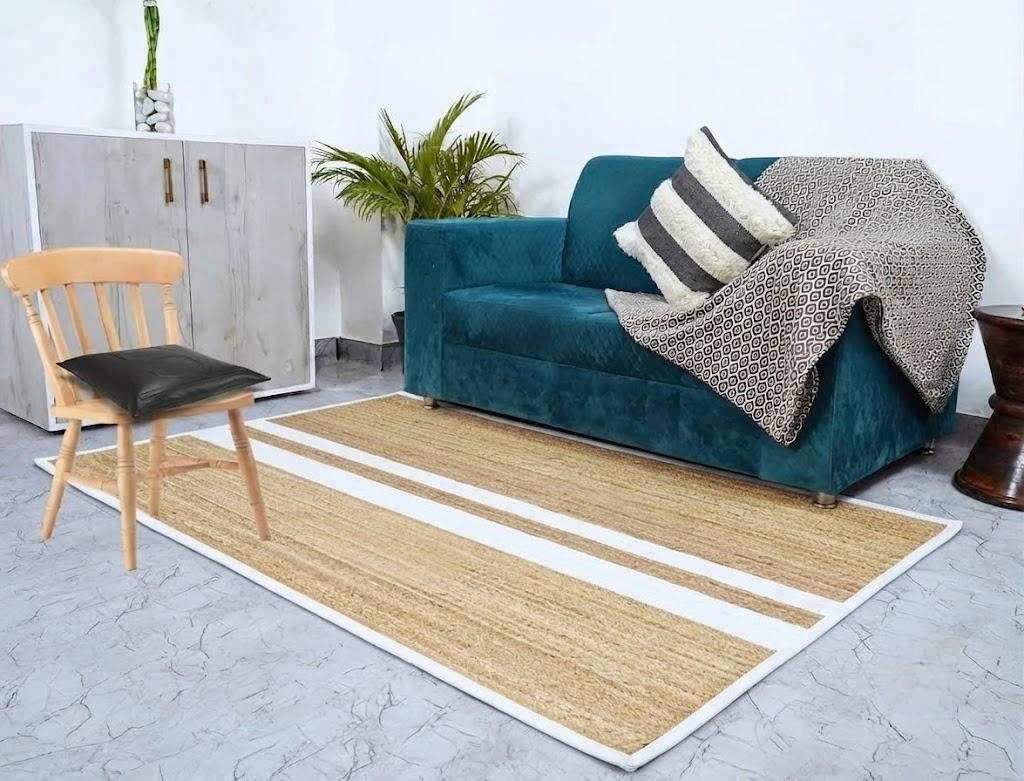 Natural Jute Area Rug Hand Woven Braided Rug Home Decor Farmhouse Carpet Rag Rug for Kitchen Living Room and Bedroom - Rectangle (Beige & White)