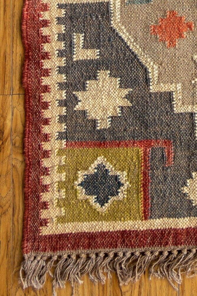 Durable Handmade Rectangle Kilim Wool Boho Rustic Look Area Carpet Jute Rug Farmhouse Mats