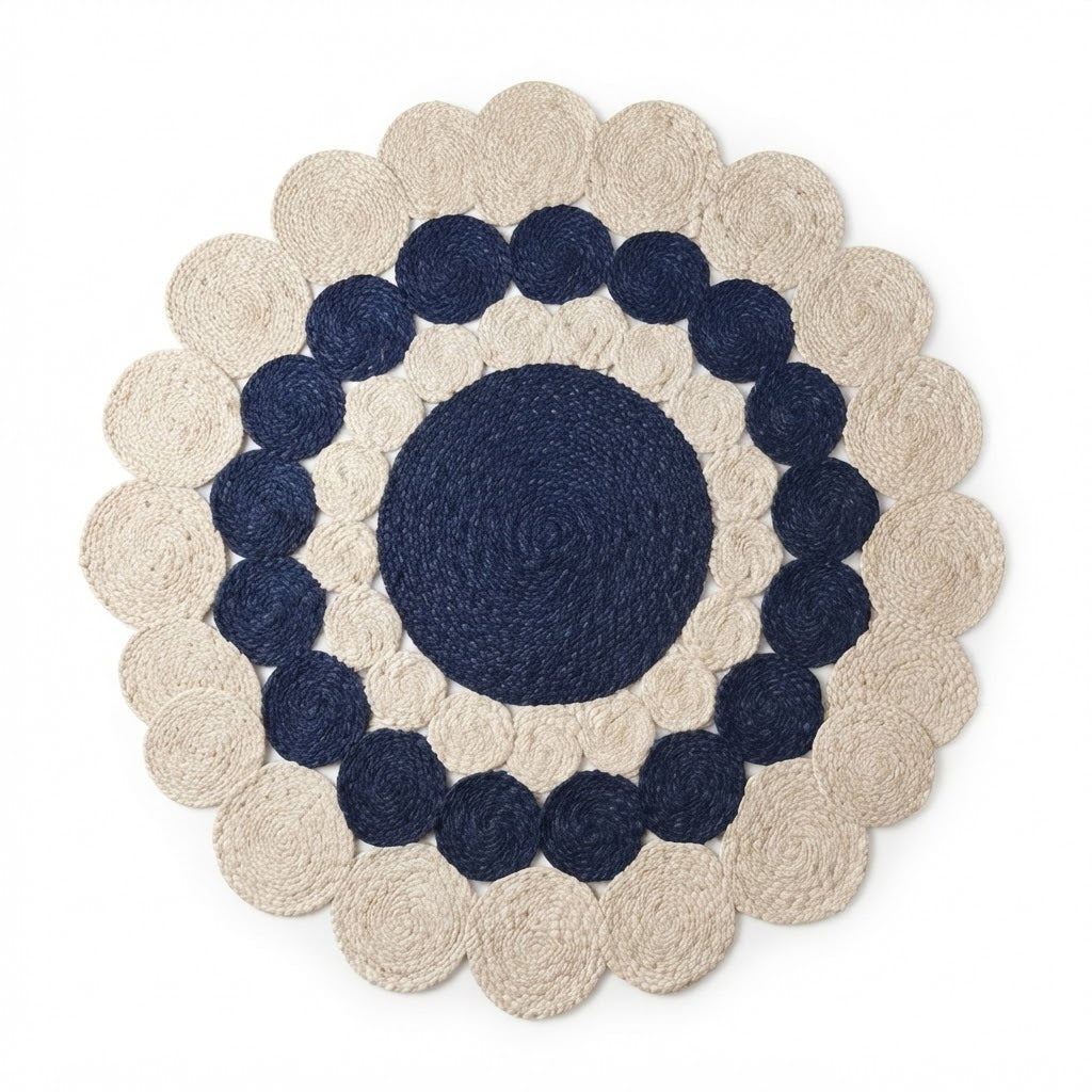 Jute Rug Round Shape Area Rug 100% Hand Braided Rustic Look Area Rug for Home Decor Farmhouse Boho Carpet Mats (White & Blue))