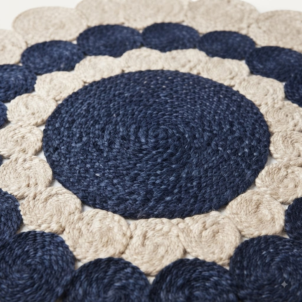 Jute Rug Round Shape Area Rug 100% Hand Braided Rustic Look Area Rug for Home Decor Farmhouse Boho Carpet Mats (White & Blue))