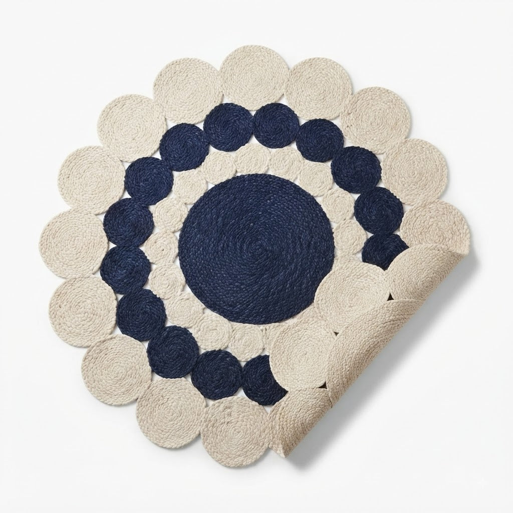 Jute Rug Round Shape Area Rug 100% Hand Braided Rustic Look Area Rug for Home Decor Farmhouse Boho Carpet Mats (White & Blue))
