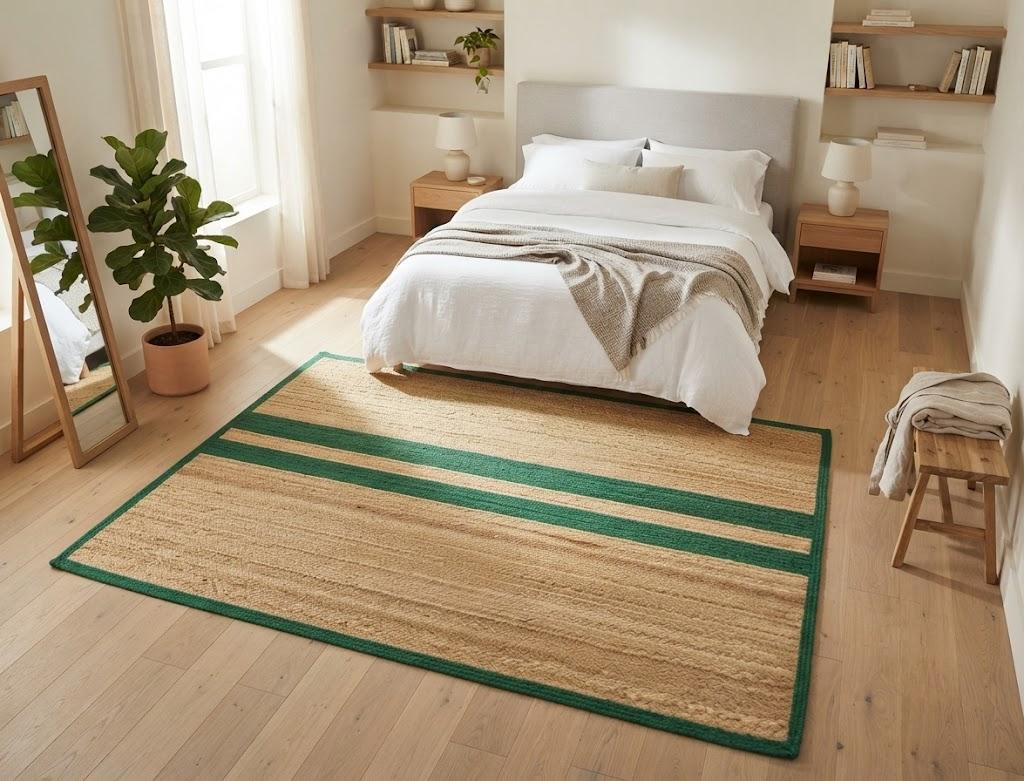 Natural Jute Area Rug Hand Woven Braided Rug Home Decor Farmhouse Carpet Rag Rug for Kitchen Living Room and Bedroom - Rectangle (Beige & Green)