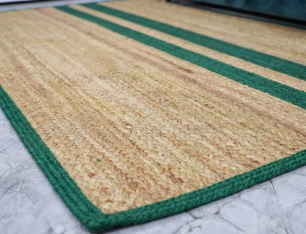 Natural Jute Area Rug Hand Woven Braided Rug Home Decor Farmhouse Carpet Rag Rug for Kitchen Living Room and Bedroom - Rectangle (Beige & Green)