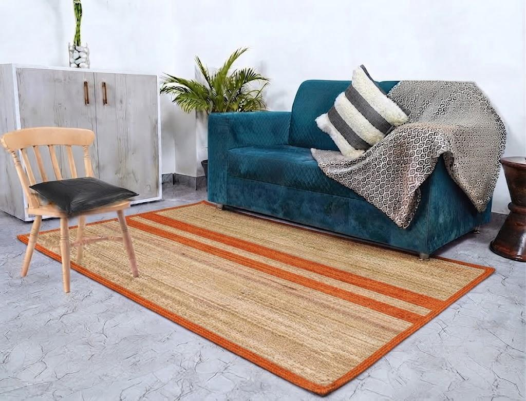Natural Jute Area Rug Hand Woven Braided Rug Home Decor Farmhouse Carpet Rag Rug for Kitchen Living Room and Bedroom - Rectangle (Beige & Orange)