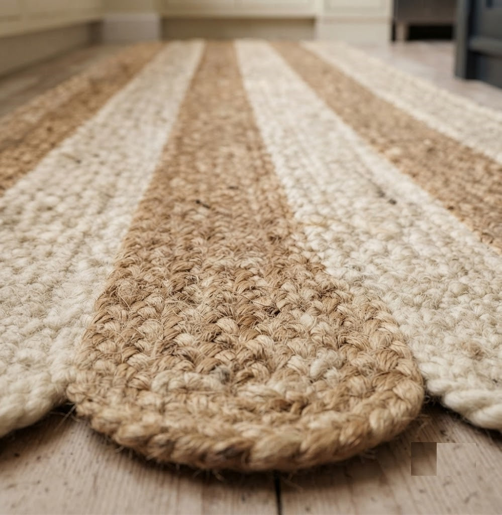 Rectangle Jute Area Rug Hand Woven Braided Sisal Rug Home Decor Farmhouse Carpet Rag Rug for Kitchen Living Room and Bedroom-Beige & White