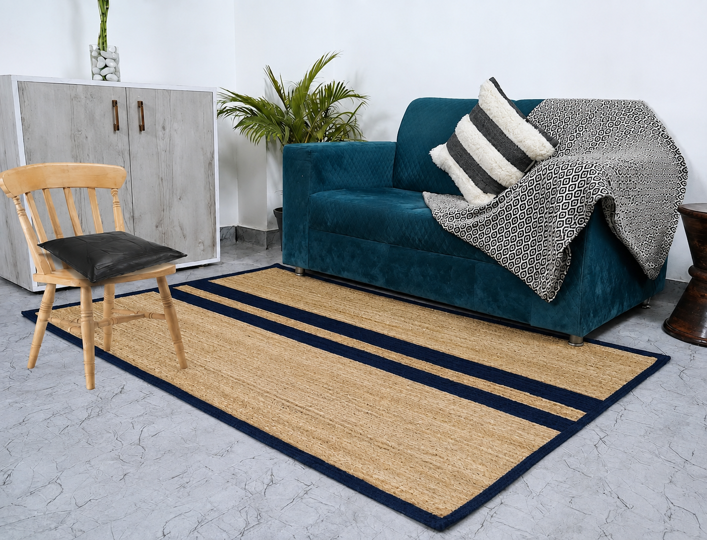 Natural Jute Area Rug Hand Woven Braided Rug Home Decor Farmhouse Carpet Rag Rug for Kitchen Living Room and Bedroom - Rectangle (Beige & Blue)
