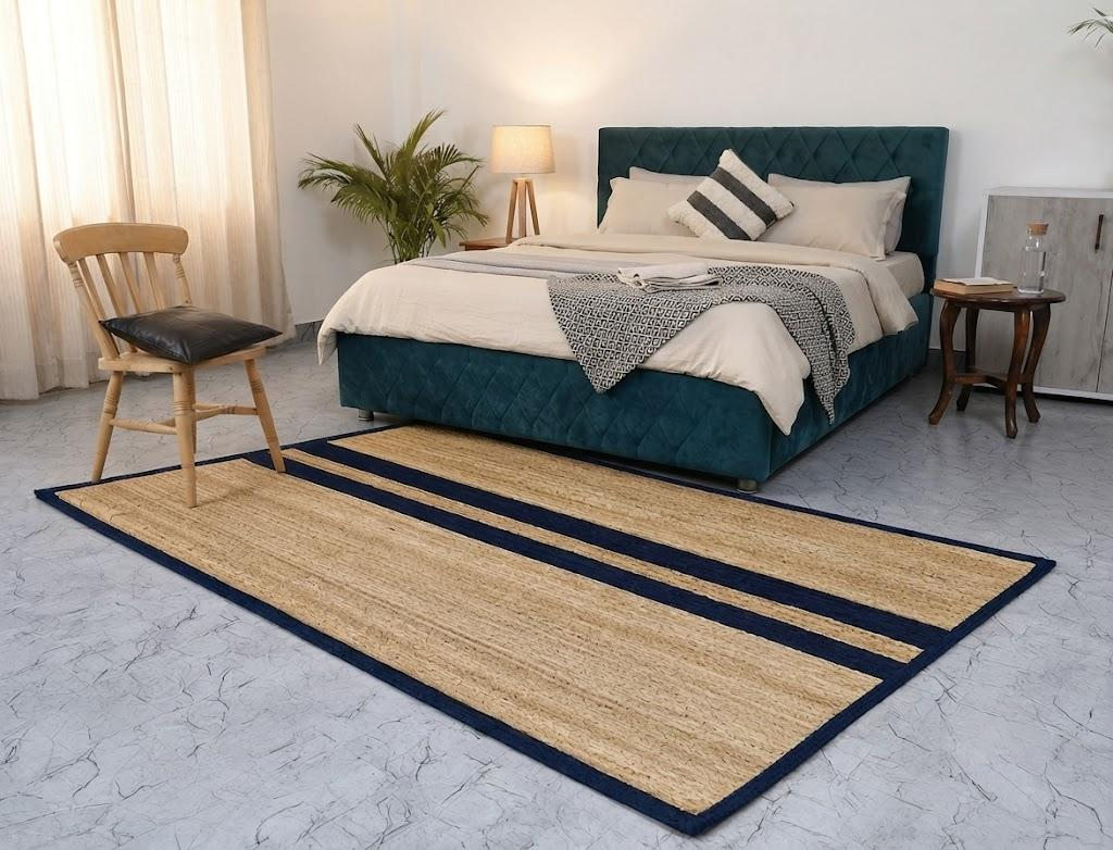 Natural Jute Area Rug Hand Woven Braided Rug Home Decor Farmhouse Carpet Rag Rug for Kitchen Living Room and Bedroom - Rectangle (Beige & Blue)